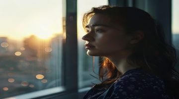 爱情伦理片影视剧照，清晨窗边女主角凝视远方，逆光剪影传达内心挣扎与情感困境