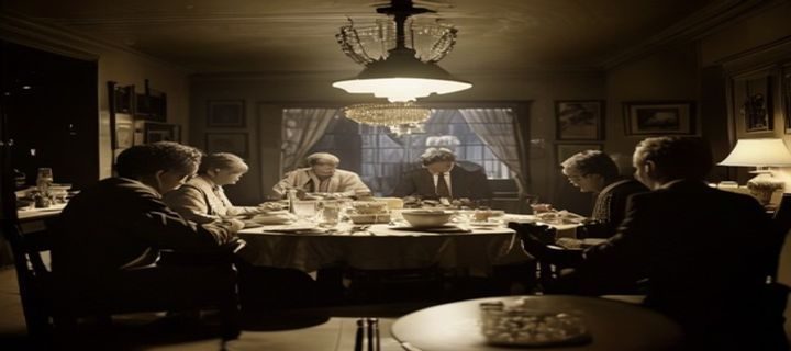 经典伦理片影视剧照，昏黄灯光下一家三口围坐餐桌却各怀心事，画面构图精准传递家庭伦理张力